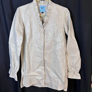 Gum Tree Farms Women's Linen Ruffle tunic‎ Silvery Beige Size Medium long sleeve